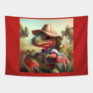 Little dinosaur and red strawberry in mini garden Tapestry