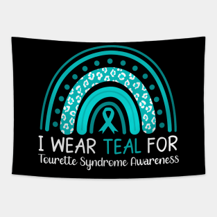 I Wear Teal for Tourette Syndrome Leopard Rainbow Tapestry