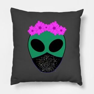 Female alien wearing flower crown and face mask Pillow