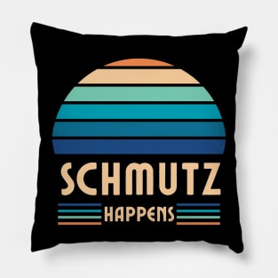 Schmutz Happens, Jewish Humor, Funny Yiddish, Retro Sunset Pillow