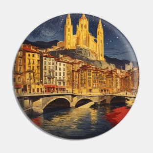 Bilbao Starry Night Spain Travel Tourism Retro Vintage Art Pin