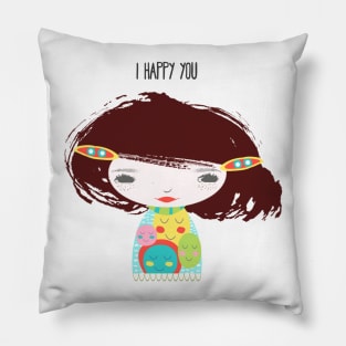 Smiley Face Girl Brown Hair Pillow