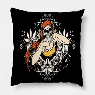 Skull Girl Floral Illustration Pillow