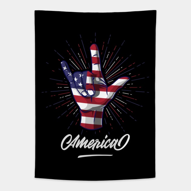 I Love You Hand Sign Gesture USA American Flag Cute Tapestry by teeleoshirts