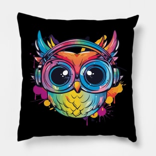 Colorful Owl Listening to Music wearing headphones Pillow