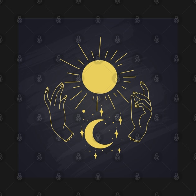 Hands Holding Sun Ray And Moon Crescent, Minimal Wall Art by Modern Art