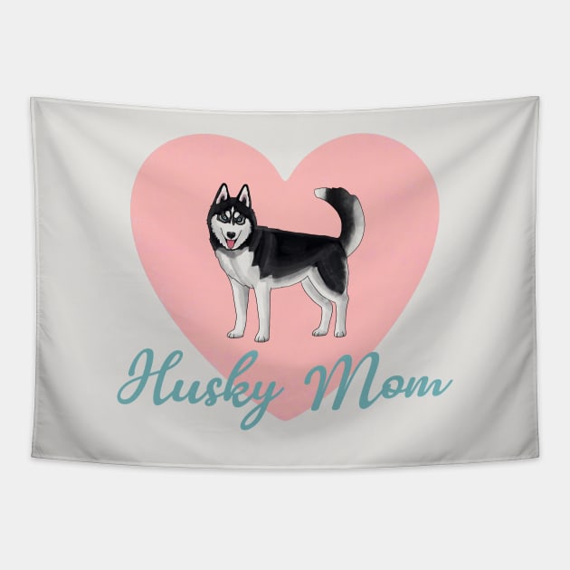 Husky Mom Big Coral Heart Tapestry by okpinsArtDesign