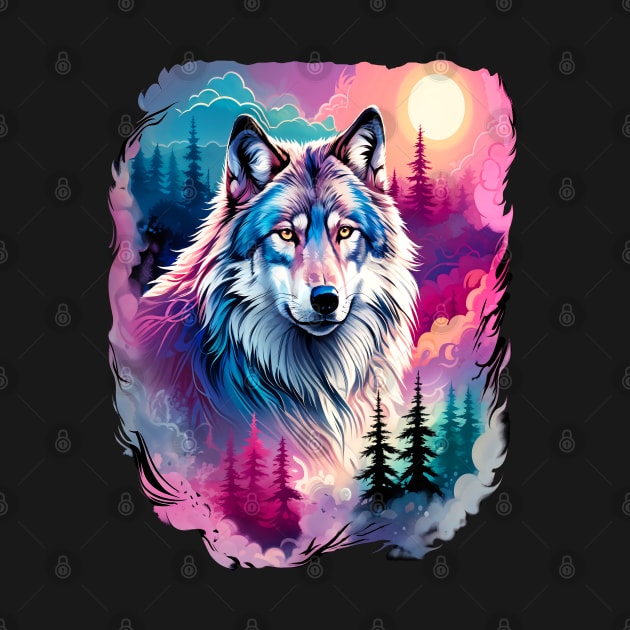 A Grey Wolf with Mountains, Floral Elements, Forests, Trees by BirdsnStuff