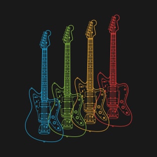 Four Offset Style Electric Guitar Outlines Multi Color T-Shirt