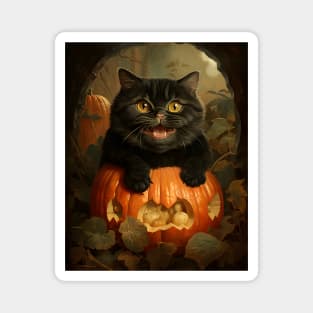 Retro Vintage Funny Chubby Black Cat and Pumpkin - Whimsical Autumn Delight Magnet