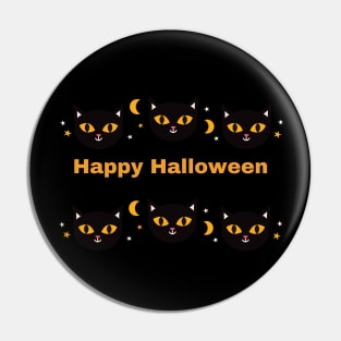 Happy Halloween, Orange and Black cat eyes with white triangle ears and half moons Pin