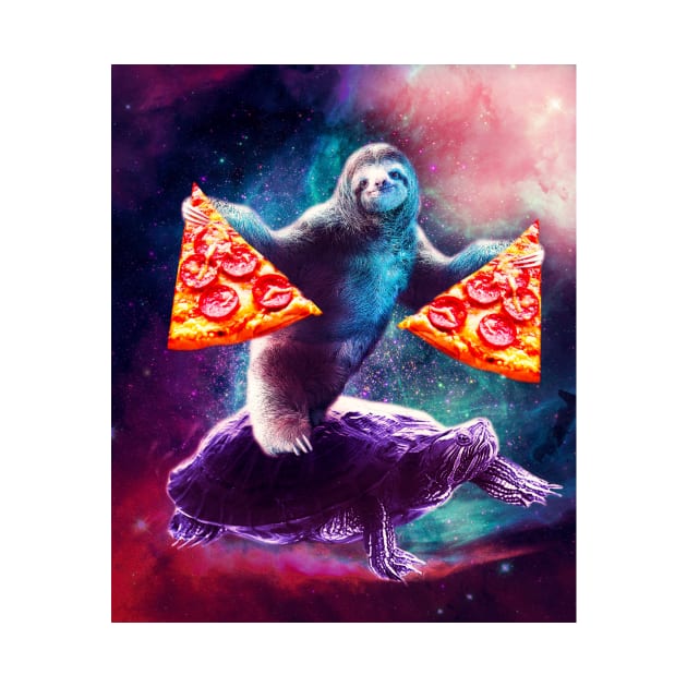Funny Space Sloth With Pizza Riding On Turtle by Random Galaxy