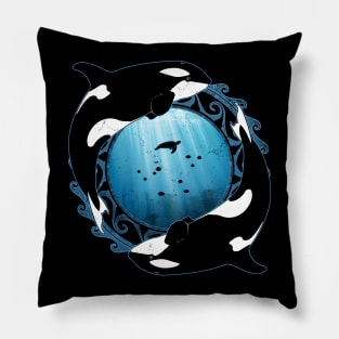 Orcas on Underwater Background Pillow