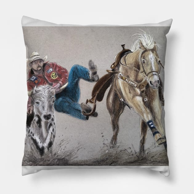 Steer Wrestling Pillow by Bill Cameron Fine Art