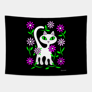 White Cat in Flower Garden Tapestry