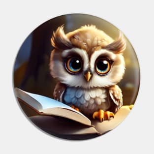 Baby Owl with Big Eyes Reading a Book Pin