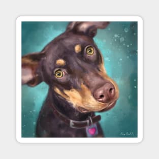 Painting of a Cute Brown an Gold Doberman Pinscher Puppy on Blue Green Background Magnet