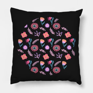 Red Toned Folk Art Flowers Pillow