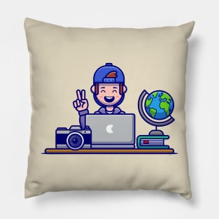 Happy Man Working On Laptop Cartoon Pillow