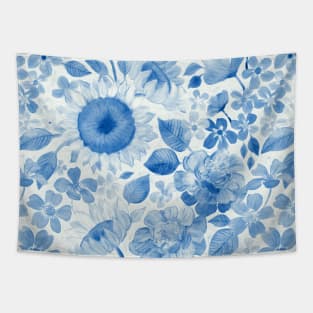 Denim Blue Monochrome Retro Floral Tapestry