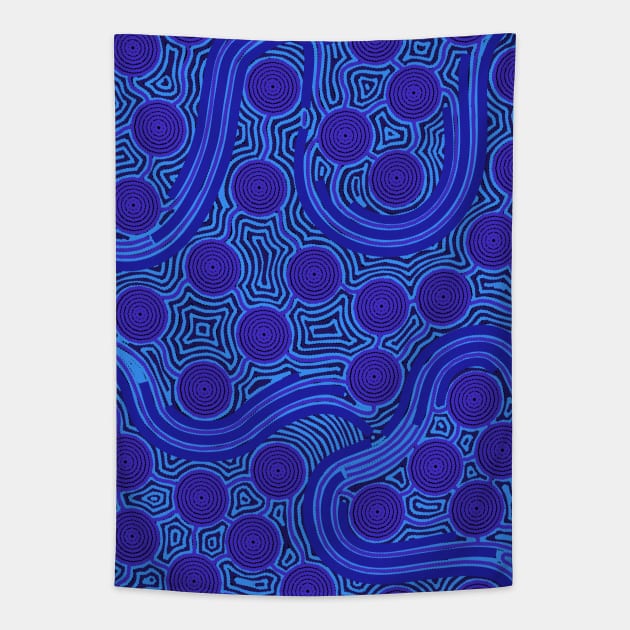 Aboriginal Art - The River Around Us Blue Tapestry by hogartharts