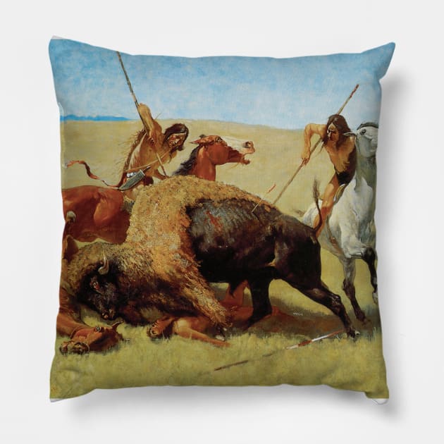 Buffalo Hunt by Frederic Remington Pillow by MasterpieceCafe