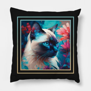 Distracted Siamese Cat Vibrant Tropical Flower Digital Oil Painting Portrait Pillow