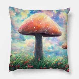 Giant fantasy mushrooms under a cotton candy sky Pillow