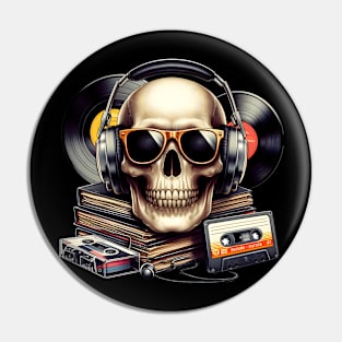 Skull head with headphones and sunglasses in a retro style. Pin