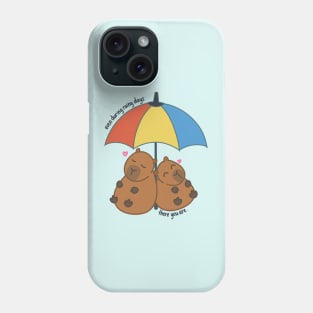 Capybara Couple in Love Under Rainbow Umbrella During Rainy Days Phone Case