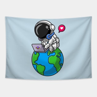 Cute Astronaut Working With Laptop On Earth Cartoon Tapestry