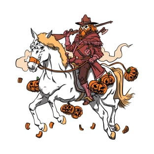 Scary Halloween Pumpkin Skeleton Hunter Riding Evil Horse T-Shirt