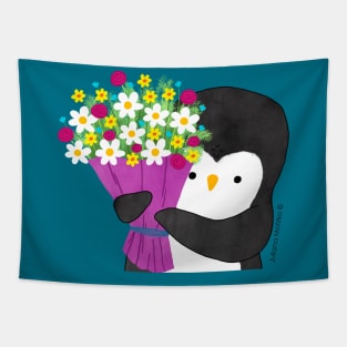 Penguin with Flowers Tapestry