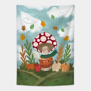 Autumn Mushroom drinking coffee Tapestry