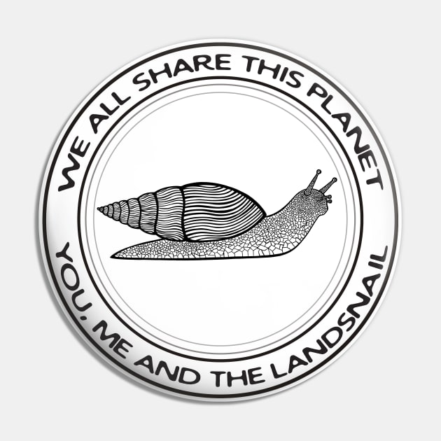 Landsnail - We All Share This Planet - animal design on white Pin by Green Paladin