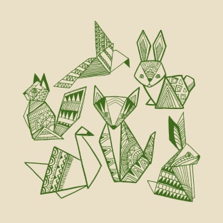 Origami Animals in Forest Green T-Shirt