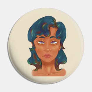 Pretty Glowing Girl With Colorful Green Hair and Colorful Eyes Pin