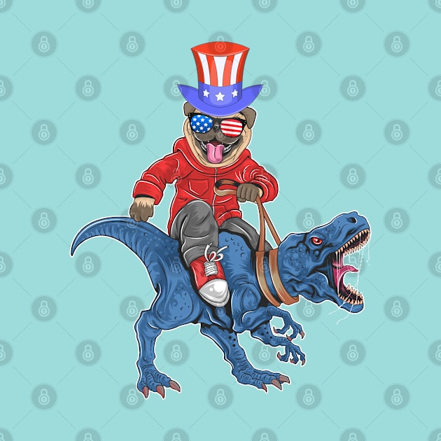 Pug dog puppy cute riding t rex dinosaur 4th of july Gift funny by madani04