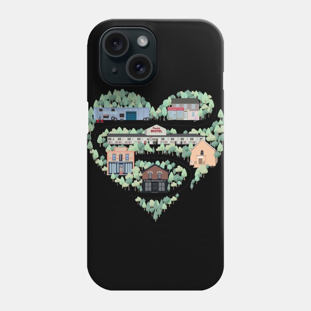 I Love the Town of Schitt's Creek, where everyone fits in. From the Rosebud Motel to Rose Apothecary, a drawing of the Schitt's Creek Buildings Phone Case by YourGoods