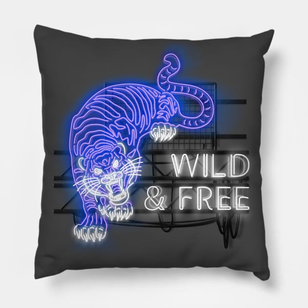 Wild & Free - Blue Neon Tiger and Text Pillow by wholelotofneon