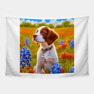 Brittany Puppy in Texas Wildflower Field Tapestry