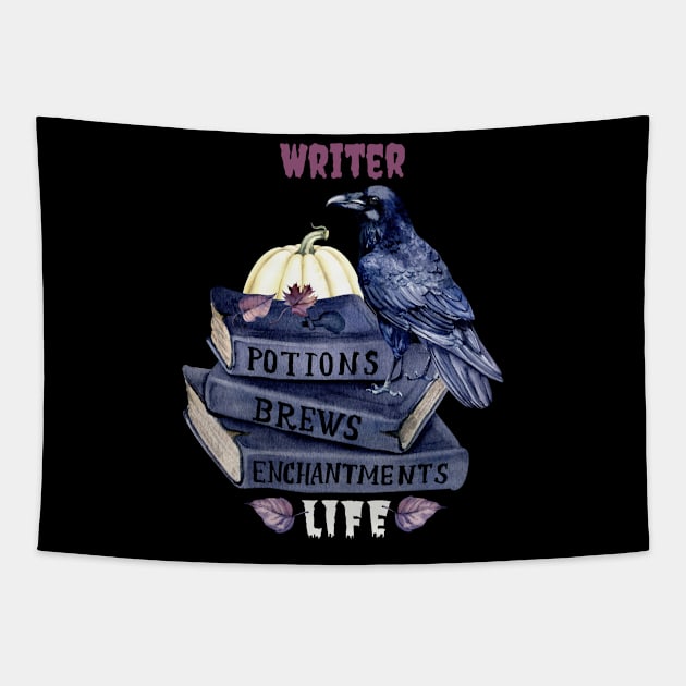 Writer Life Halloween Potions Brews Enchantments Holiday Fun Quote Tapestry by DesignIndex