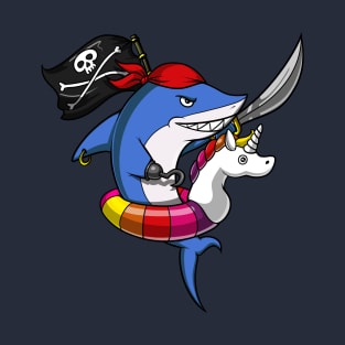 Shark Pirate Riding Unicorn Float Pool Party T-Shirt