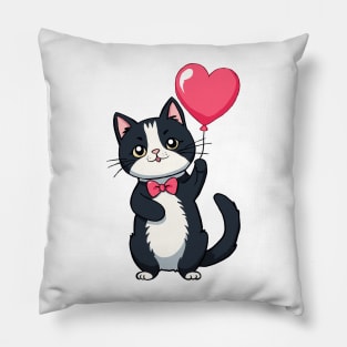 Tuxedo cat with a heart balloon Pillow