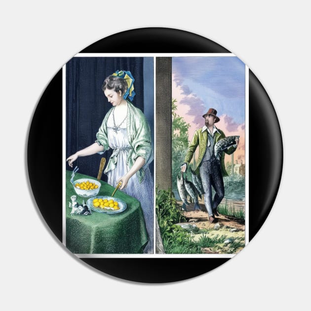1800 Woman Cooking Man brings fish Pin by Catbrat