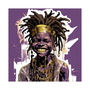 Vibrant Joy: African Boy with Dreadlocks in Purple and Gold T-Shirt