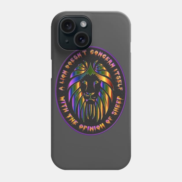 A Lion Does Not Concern Itself With the Opinion of Sheep - Lion Head and Face Prism Flame Fire Lion - Oval Background Black, Red, Yellow, Purple Phone Case by CDC Gold Designs