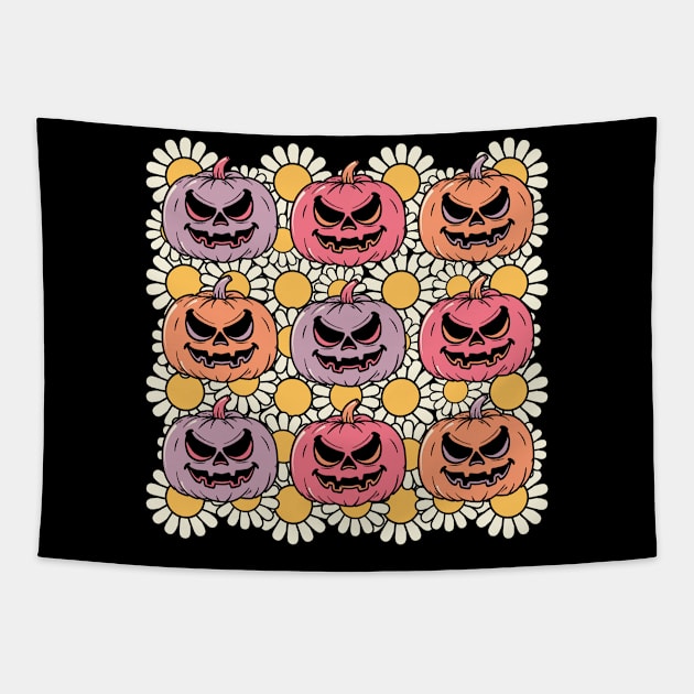 Funny Hippie Flower Pumpkin Halloween Gift Tapestry by BadDesignCo