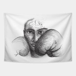 Woman Boxer with Boxing Gloves Black and White Hand Drawn Illustration Tapestry