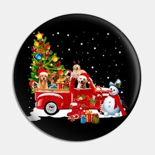 Retriever Dog Christmas On Red Car Truck with Xmas T-Shirt Pin